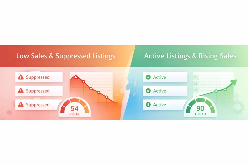 Before and after comparison showing improved sales after fixing suppressed Amazon listings