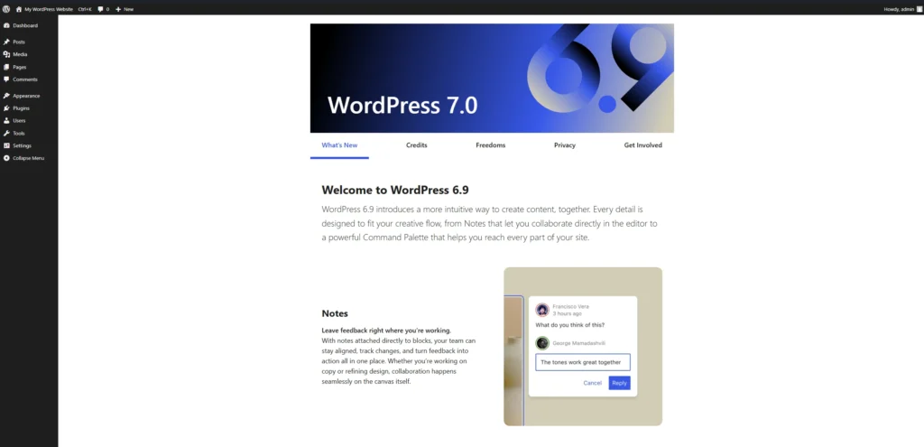 WordPress 7 dashboard interface showing new features and editing environment inside the WordPress admin panel