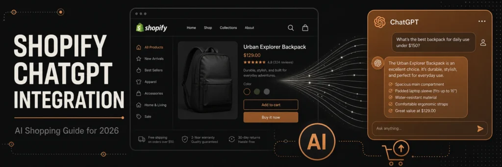 Banner showing a Shopify storefront with a copper ChatGPT chat bubble overlay, AI text lines flowing into the product page, and a shopping cart with an upward arrow at the bottom