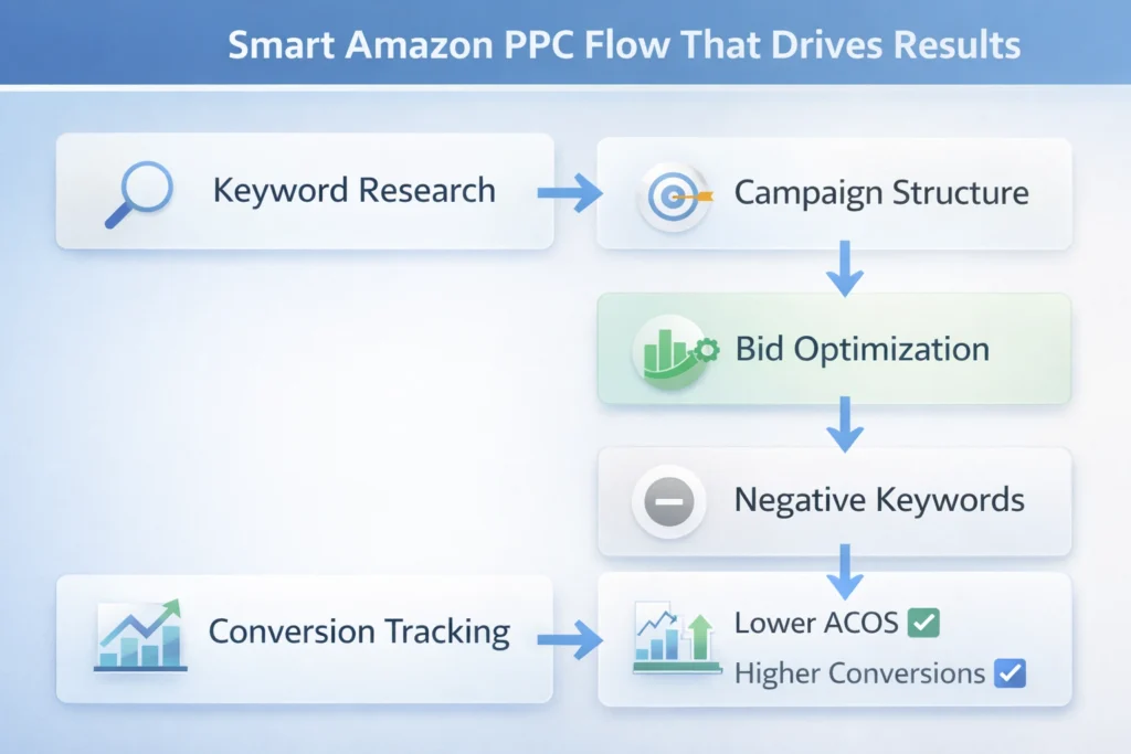 PPC optimization Amazon workflow diagram showing steps from keywords to conversions