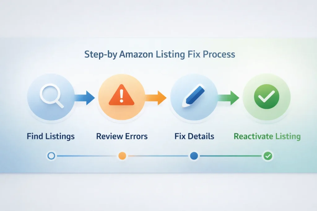 Flowchart showing step-by-step process to fix suppressed Amazon listings