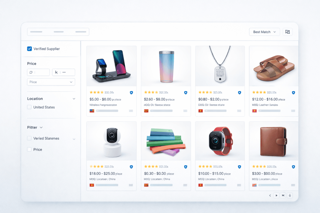 product sourcing supplier search dashboard interface with filters and listings