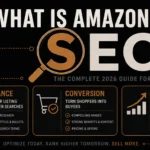 Banner with large SEO text where the S is a copper magnifying glass, three pillar cards for relevance, conversion, and sales velocity, and an Amazon search results mockup in the background