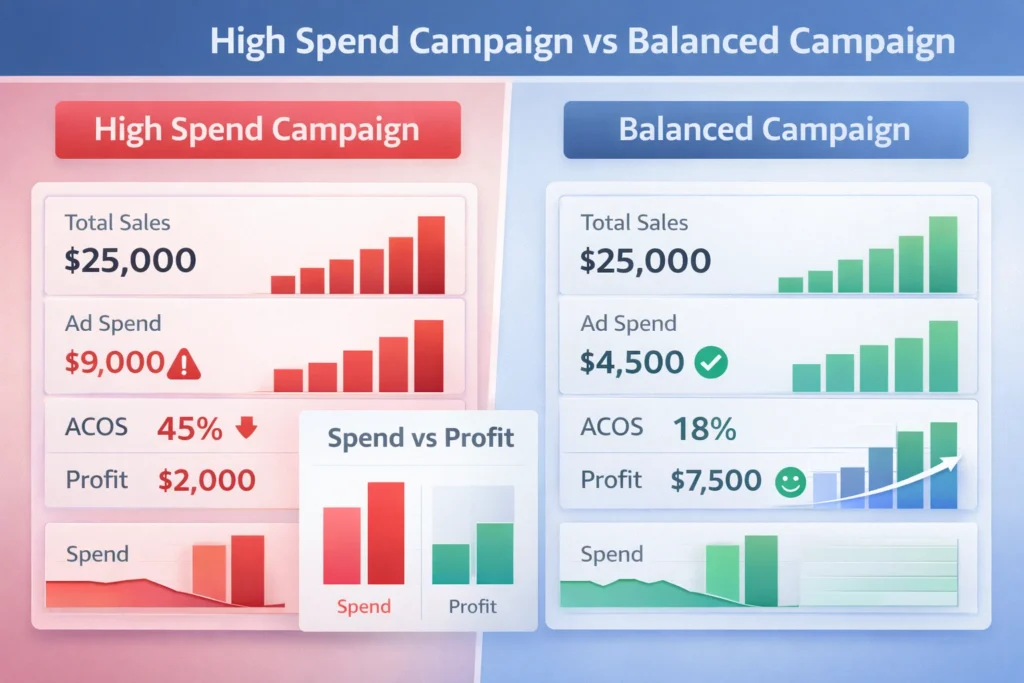 Amazon PPC dashboard showing high spend campaigns reducing profit margins