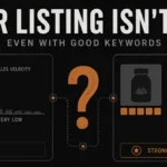 Split banner showing a keyword-rich Amazon listing with no ranking signal on the left and the same listing with sales velocity, reviews, and conversion signals reaching page one on the right, separated by a copper question mark