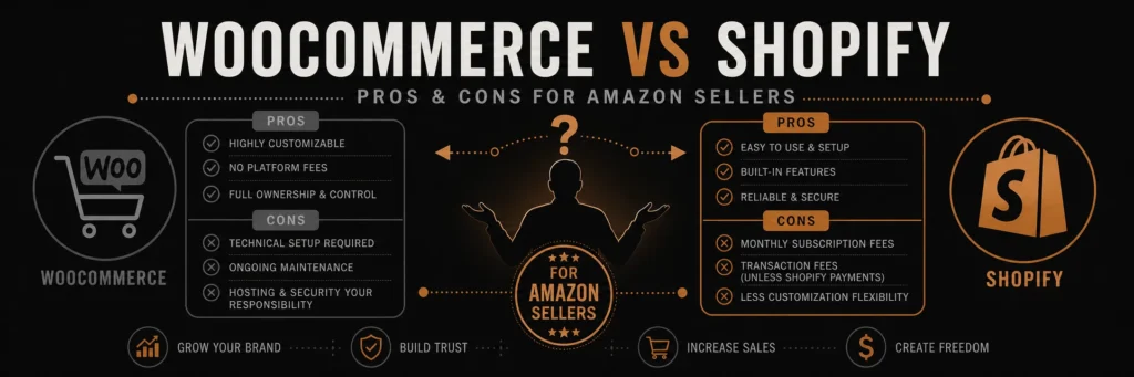 Split screen banner comparing WooCommerce and Shopify platform icons with pro and con lists, and a copper Amazon seller icon in the center facing a decision arrow