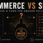 Split screen banner comparing WooCommerce and Shopify platform icons with pro and con lists, and a copper Amazon seller icon in the center facing a decision arrow