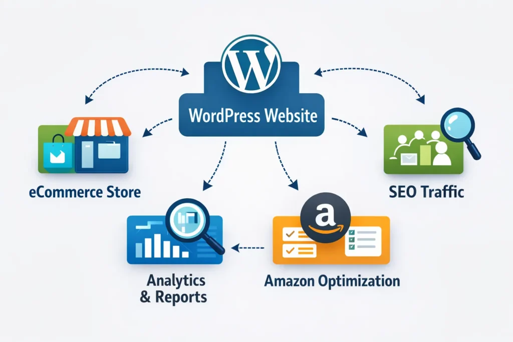 Diagram showing how WordPress connects with ecommerce store, SEO traffic, analytics, and Amazon listing optimization