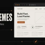 Banner showing a WordPress theme wireframe in a browser with a speed gauge in the copper zone, a free badge, and three stacked theme thumbnail cards