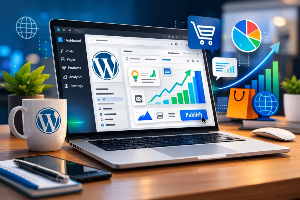 WordPress Website Design Service dashboard showing modern website editor on laptop