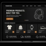 Banner showing a WordPress wireframe on a dark laptop with hero, product grid, and CTA sections, alongside a conversion funnel with a copper dollar sign