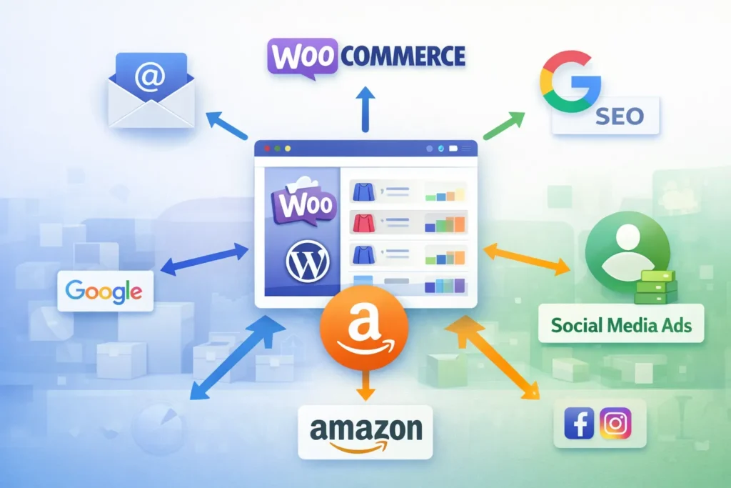Amazon seller ecommerce ecosystem showing Amazon marketplace connected with WooCommerce website marketing channels and customer data