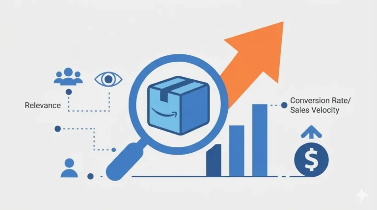 Minimalist infographic showing the relationship between Amazon A10 algorithm ranking factors, keyword optimization, and sales velocity growth for US sellers.