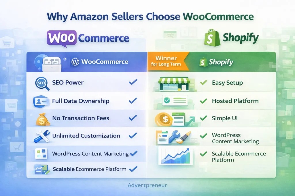 Infographic showing why Amazon sellers choose WooCommerce store development over Shopify for SEO control and lower costs