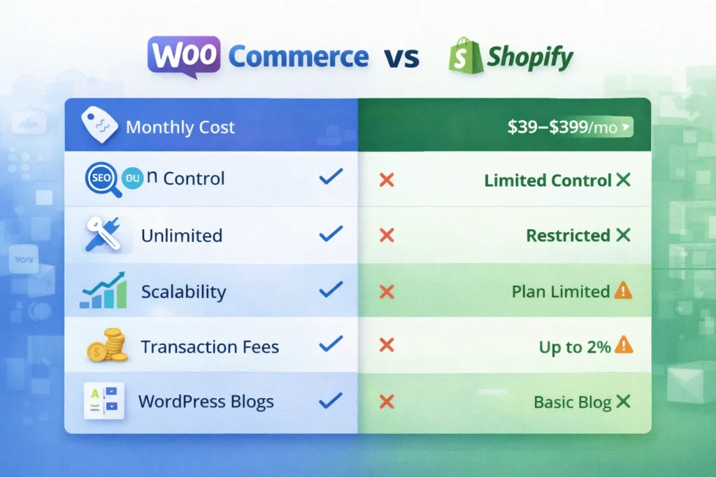WooCommerce vs Shopify comparison chart showing cost SEO control scalability and customization differences