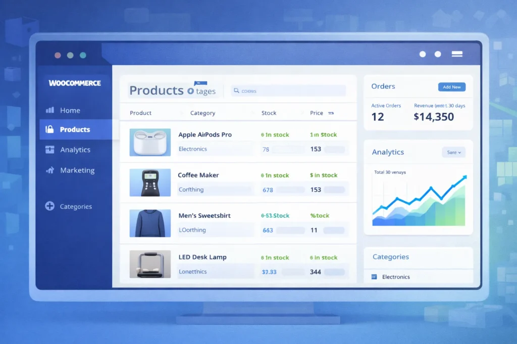 WooCommerce store development dashboard managing product catalog inventory and orders for Amazon sellers