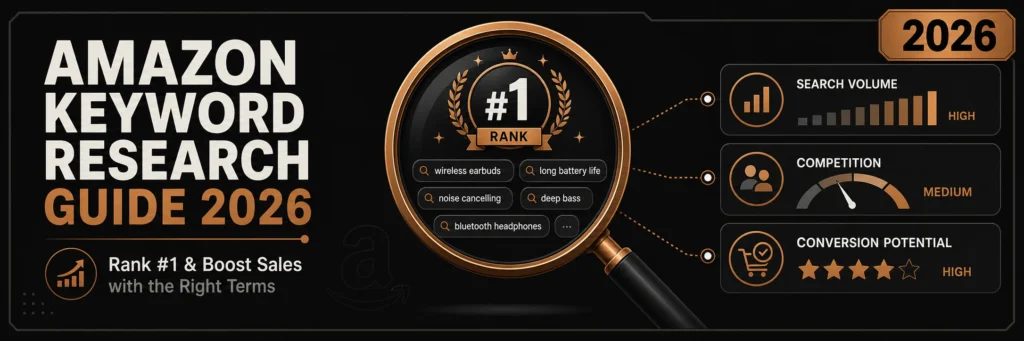 Banner with a large copper magnifying glass revealing a number one rank badge and keyword tags, with dotted lines connecting to search volume bars, competition meter, and conversion icons