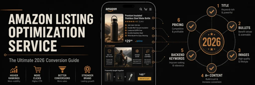 Banner showing a mobile product listing surrounded by a circular audit checklist with copper checkmarks covering title, bullets, images, A plus content, backend keywords, and pricing