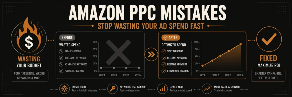 Before and after banner showing a burning dollar icon representing wasted PPC budget on the left, transitioning to a rising performance chart with a copper checkmark on the right