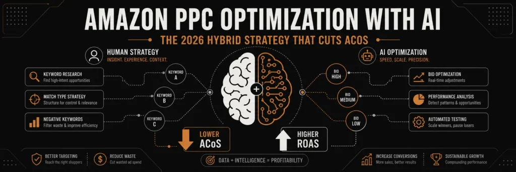 Banner featuring a split brain icon representing human strategy and AI automation, with copper downward arrow for lower ACoS and upward arrow for higher ROAS