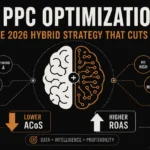 Banner featuring a split brain icon representing human strategy and AI automation, with copper downward arrow for lower ACoS and upward arrow for higher ROAS