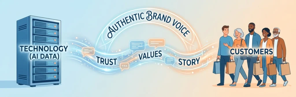 A conceptual horizontal diagram showing a metallic server rack on the left and smiling customers on the right, connected by a glowing bridge labeled 'AUTHENTIC BRAND VOICE' with keywords like trust and values.