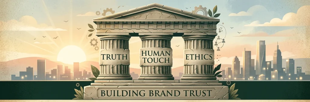 A horizontal infographic of a Greek temple structure supported by three stone pillars labeled 'TRUTH,' 'HUMAN TOUCH,' and 'ETHICS' on a foundation stone reading 'BUILDING BRAND TRUST' against a city sunrise.