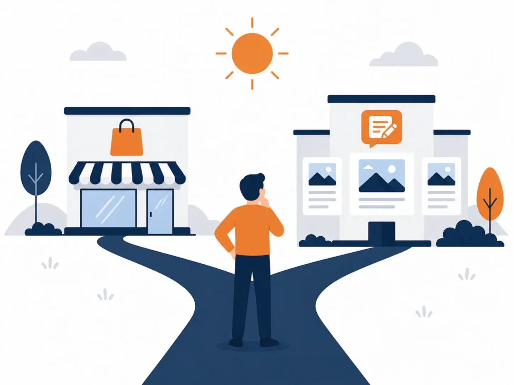 Business owner choosing between Shopify and WordPress ecommerce platform at a decision point