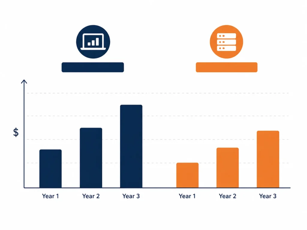 Bar chart comparing total cost of ownership between two ecommerce platforms over three years for small businesses