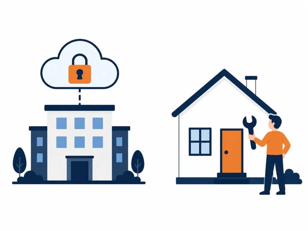 Illustration comparing hosted platform like Shopify to self-hosted platform like WordPress for business owners