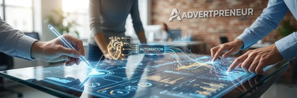 Close-up of human hands collaborating on a glowing futuristic glass interface, a hand drawing a heart icon to connect with an 'AUTOMATION' block, illustrating the human-centric AI marketing concept.