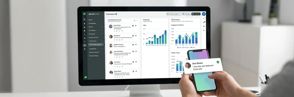 A professional horizontal view of a 27-inch desktop screen displaying a social media dashboard with comments and graphs, with a hand-held smartphone in the foreground showing a matching comment notification.