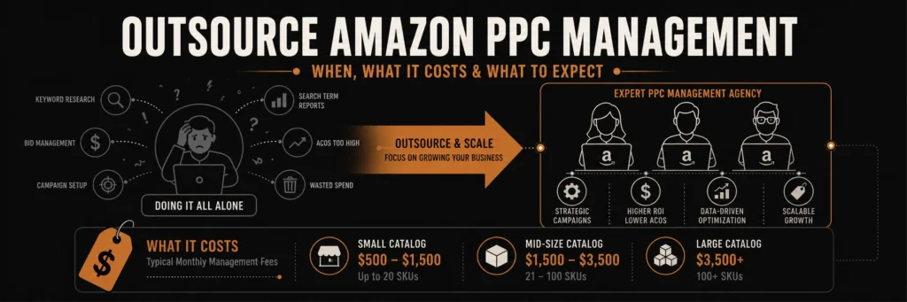 Illustrated banner showing a solo seller overwhelmed by PPC tasks with a copper arrow transitioning to an agency team managing campaigns efficiently