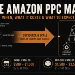 Illustrated banner showing a solo seller overwhelmed by PPC tasks with a copper arrow transitioning to an agency team managing campaigns efficiently