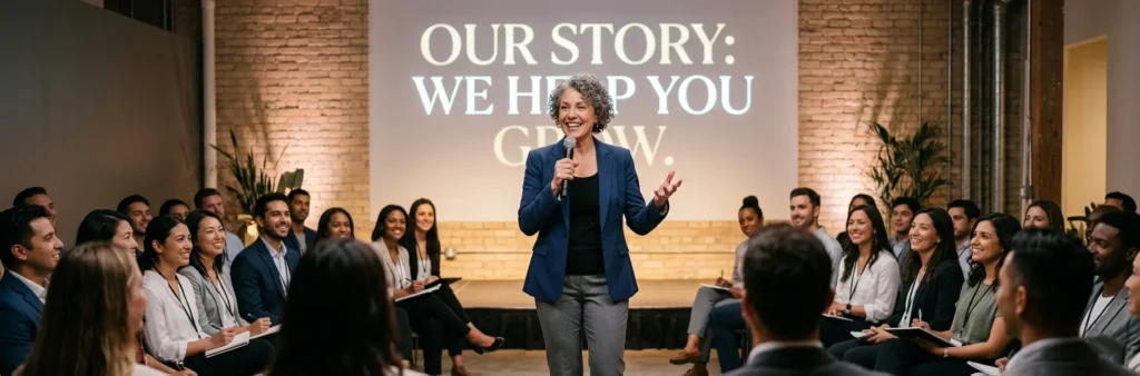 A wide horizontal photograph of a charismatic female founder with grey curly hair speaking on a stage to an audience of sellers, with a projection screen behind her reading 'OUR STORY: WE HELP YOU GROW.'