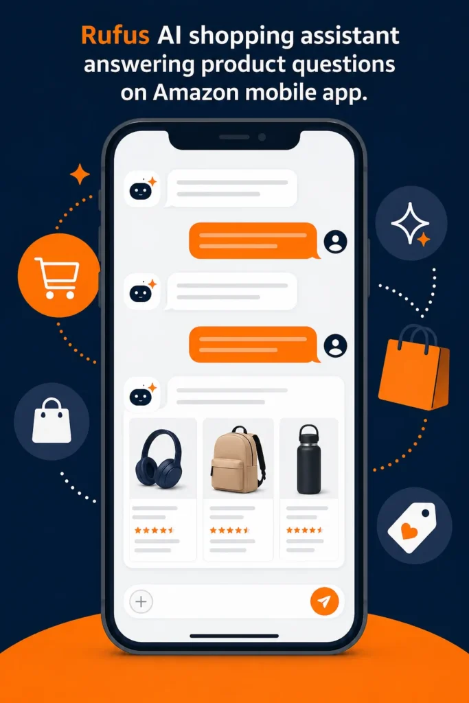 Rufus AI chatbot on Amazon mobile app answering shopper questions and recommending products
