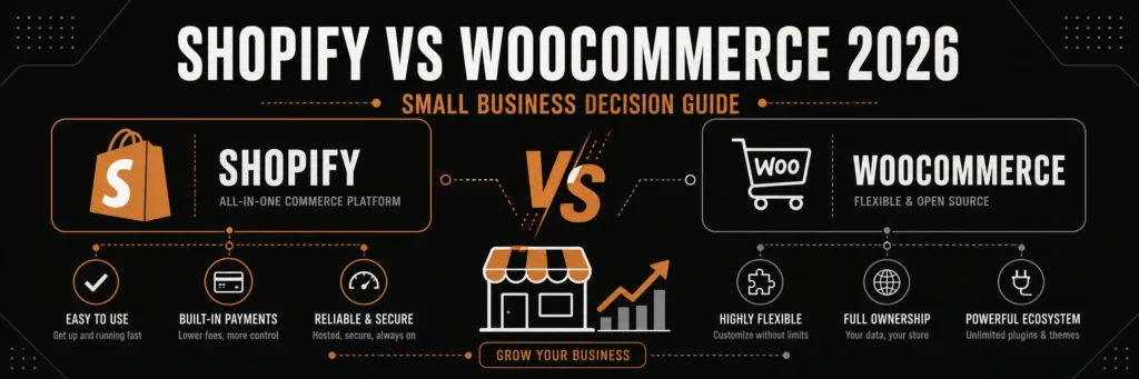 Banner comparing Shopify and WooCommerce for small businesses with platform icons, feature lists, and a copper growth arrow pointing upward from a storefront icon