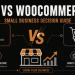 Banner comparing Shopify and WooCommerce for small businesses with platform icons, feature lists, and a copper growth arrow pointing upward from a storefront icon