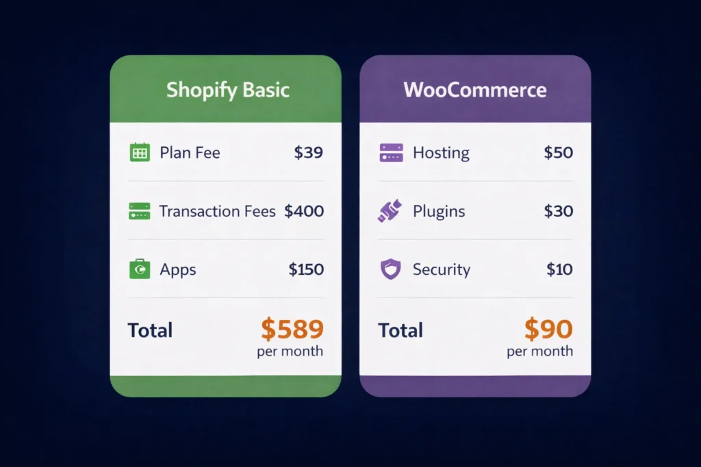  Text: Shopify vs WooCommerce 2026 small business monthly cost breakdown screenshot showing real platform expenses