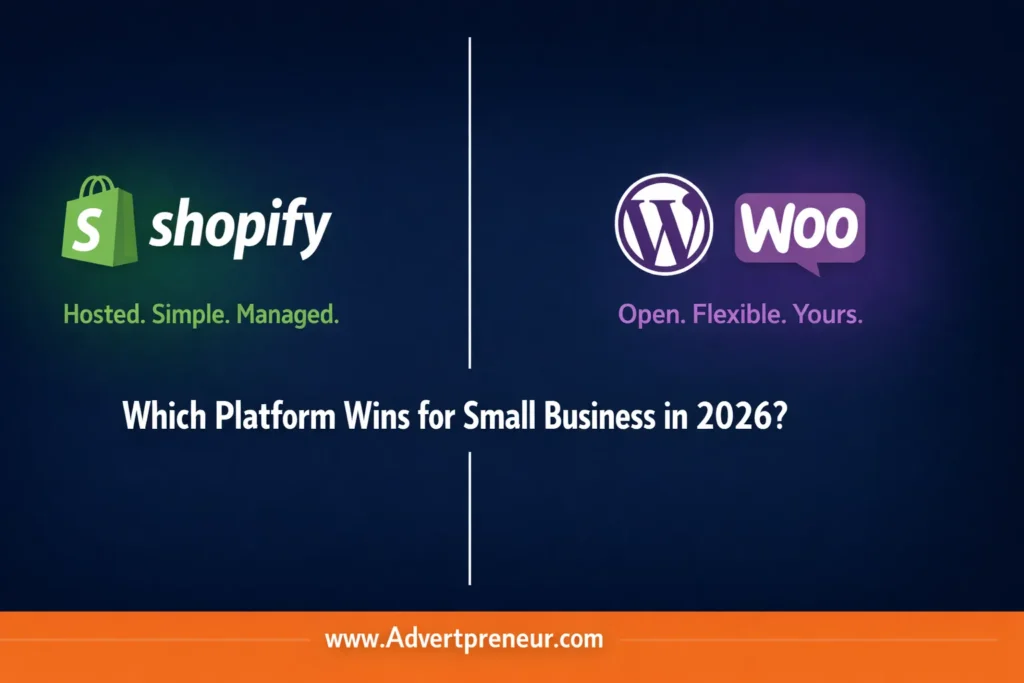 Shopify vs WooCommerce 2026 small business platform comparison hero banner