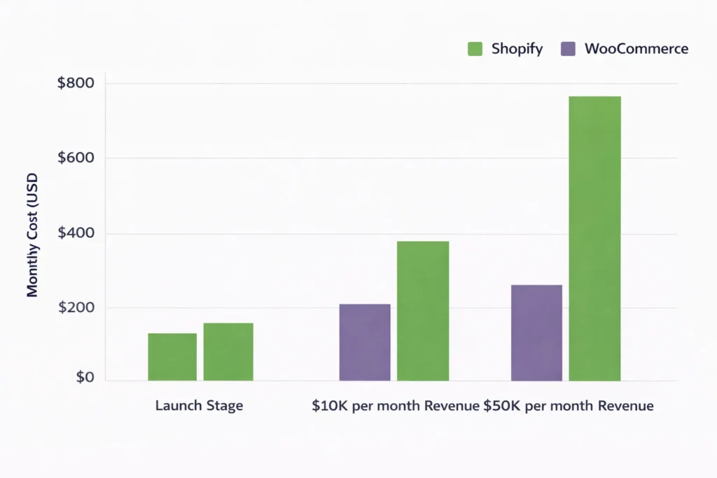 Shopify vs WooCommerce 2026 small business total cost of ownership comparison chart at three revenue levels