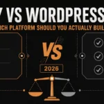Split-screen banner comparing Shopify and WordPress platforms side by side with a copper VS divider, feature checkmarks, and a balance scale at the bottom