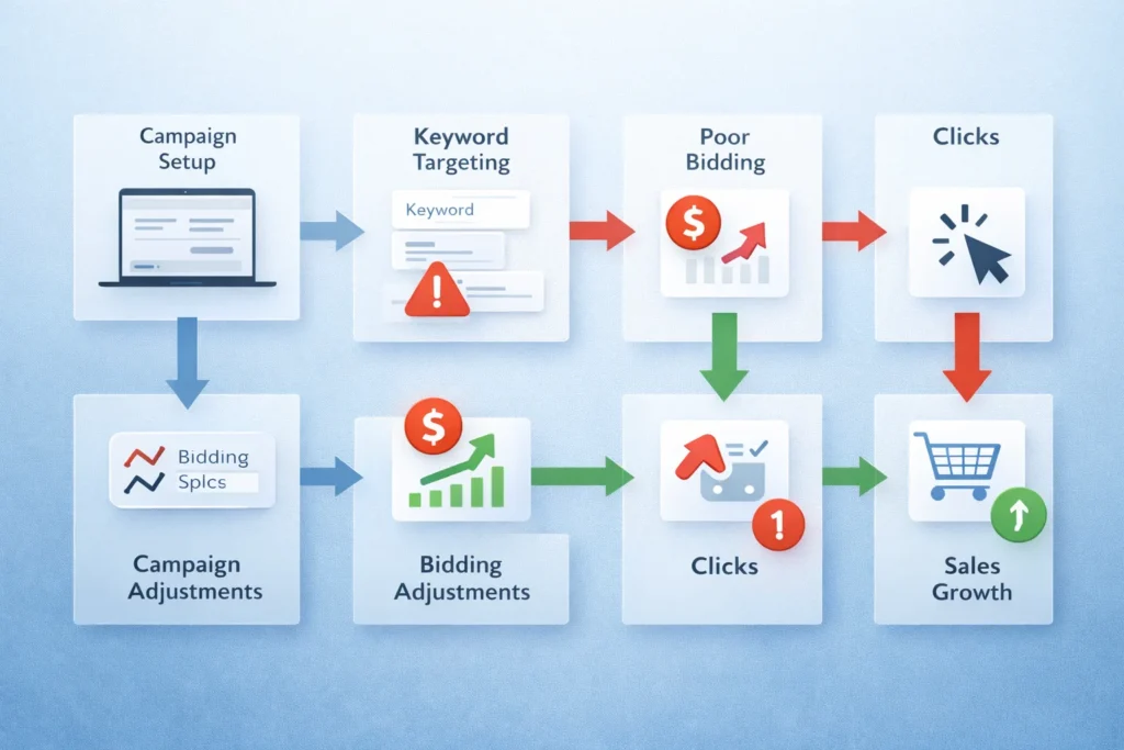 amazon advertising mistakes flow diagram showing errors and results