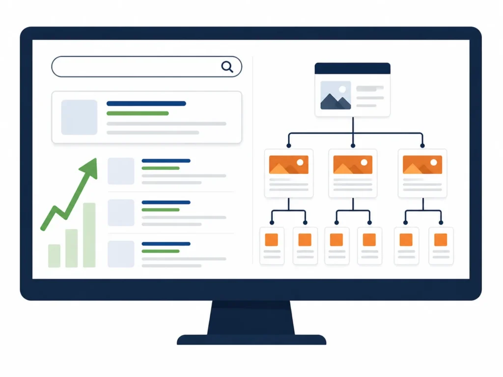 SEO growth illustration showing content strategy and search engine ranking improvement for WordPress websites