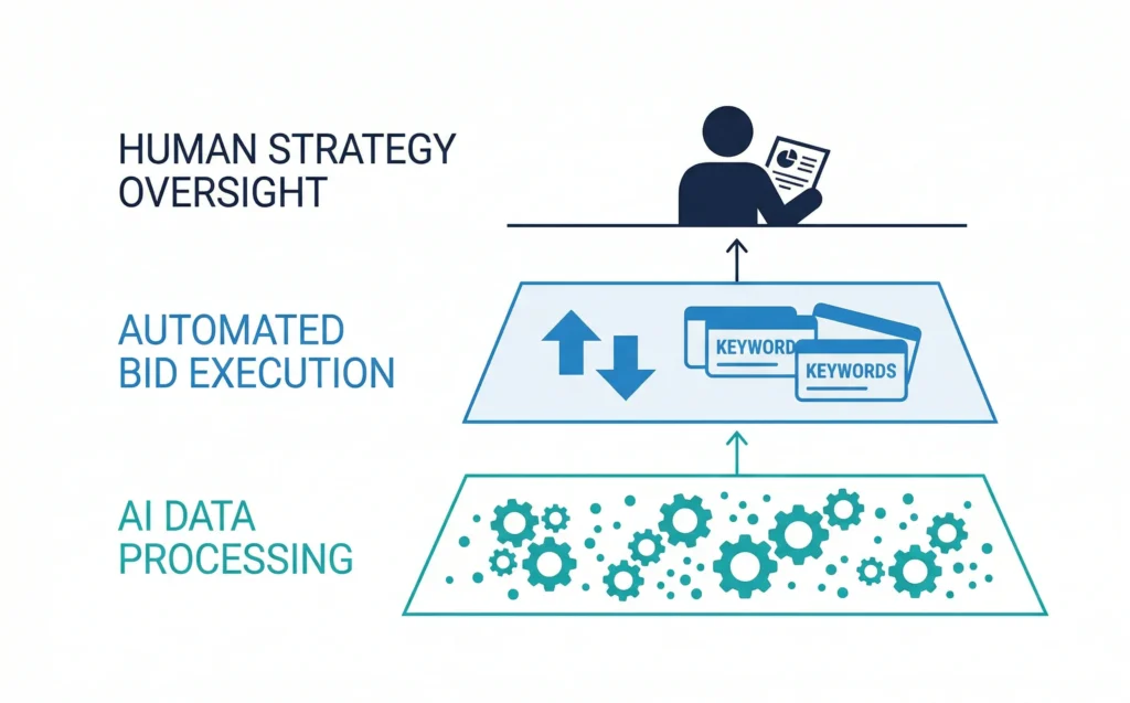 Diagram showing AI Amazon advertising 2026 campaign structure with three layers: automated data processing at the base, bidding execution in the middle, and human strategy oversight at the top