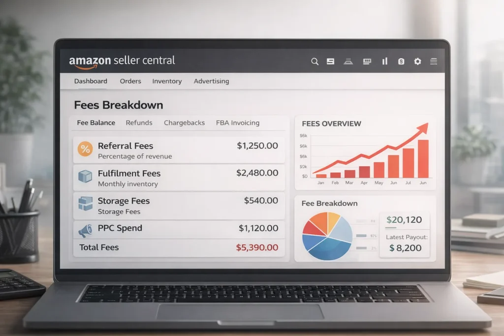 amazon fees dashboard showing seller costs and deductions