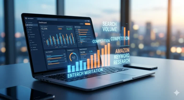 A sleek laptop displaying an advanced dashboard with search volume and competition data for Amazon keyword research