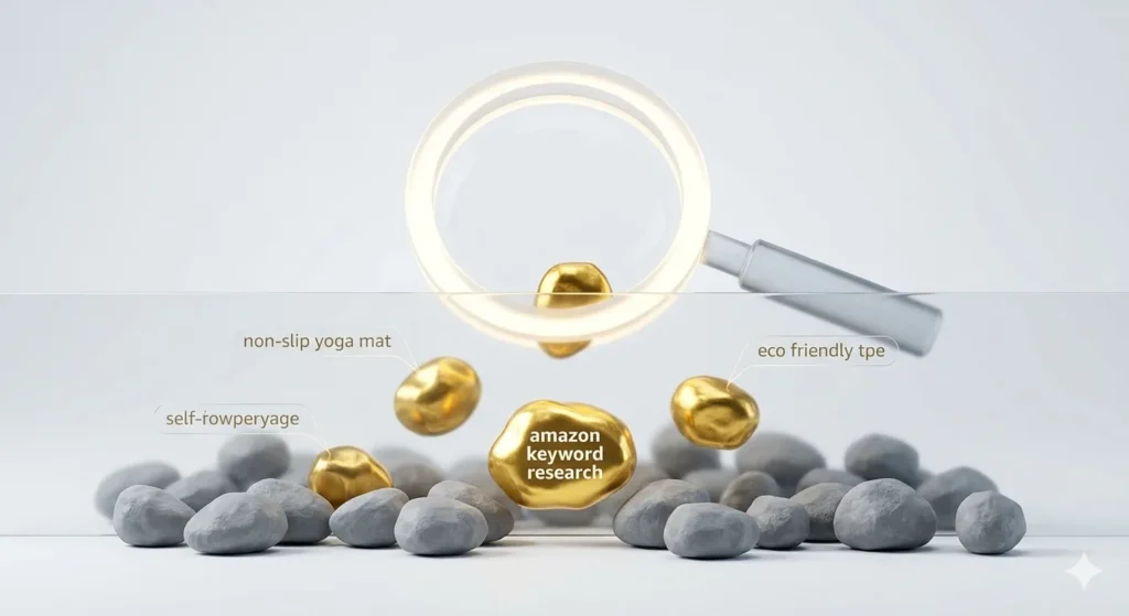 A glowing magnifying glass is used to filter generic blocks, leaving only shiny gold nuggets that represent high-converting terms from Amazon keyword research.
