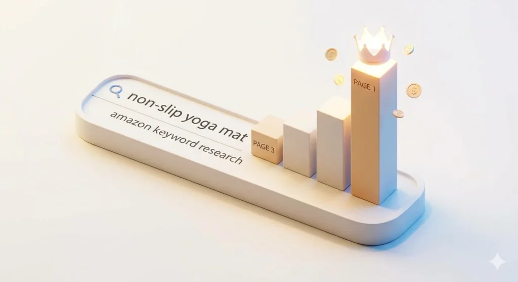 A visualization of a search bar showing a product ranking jump from Page 3 to Page 1 because of effective Amazon keyword research.