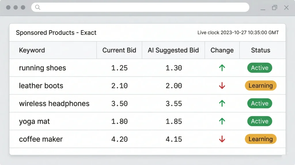 Screenshot of Amazon PPC optimization with AI bid automation tool showing real-time keyword bid adjustments, campaign status indicators and spend pacing across multiple ad groups